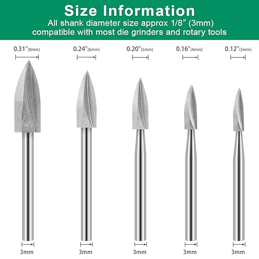 Wood Carving Drill Bits Set for Dremel Rotary Tool 5Pcs Engraving Drill Accessories Bit Wood Crafts Grinding Woodworking Tool with 1/8” Shank for DIY Carving Drilling Micro Sculpture