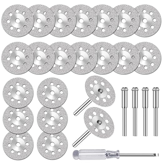 20 pcs 545 Diamond Cutting Wheel Cut Off Discs Coated (22mm) for Dremel Rotary Tool with 402 Mandrel (3mm) 4pcs and Screwdriver for Rotary Tool Accessories