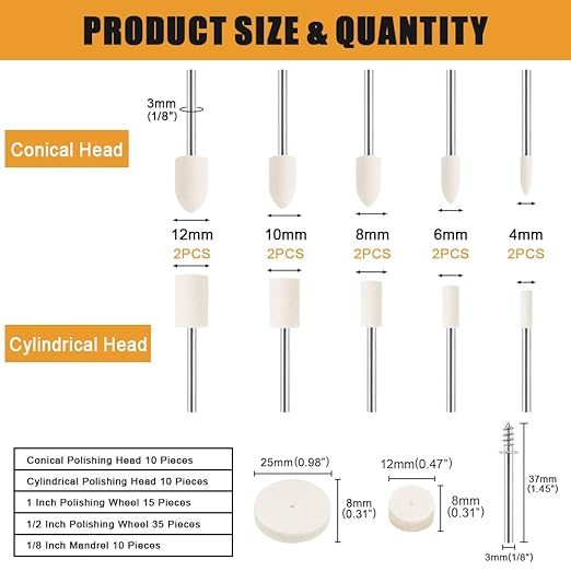 80PCS Polishing Buffing Wheel for Dremel Polishing Kit, Wool Felt Polishing Wheel for Dremel Rotary Tool Accessories, with 1/8" Shank for Jewelry Metal Polishing