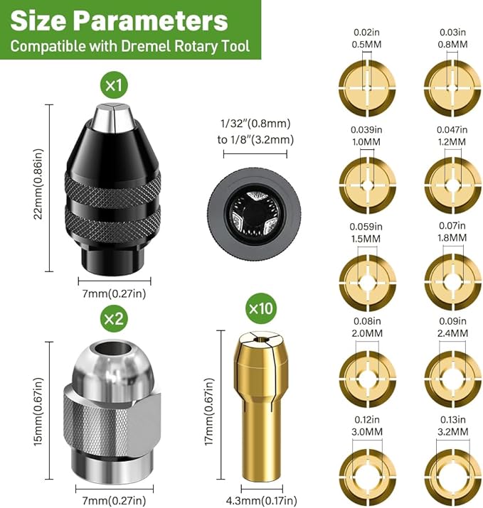 Drill Chuck Collet Set for Dremel, 15PCS Chuck Collet Kit, 0.8-3.2mm Shank Replacement 4486 Rotary Tool Keyless Quick Change Chuck Accessory with Replacement 4485 Brass Collet Metal Nut