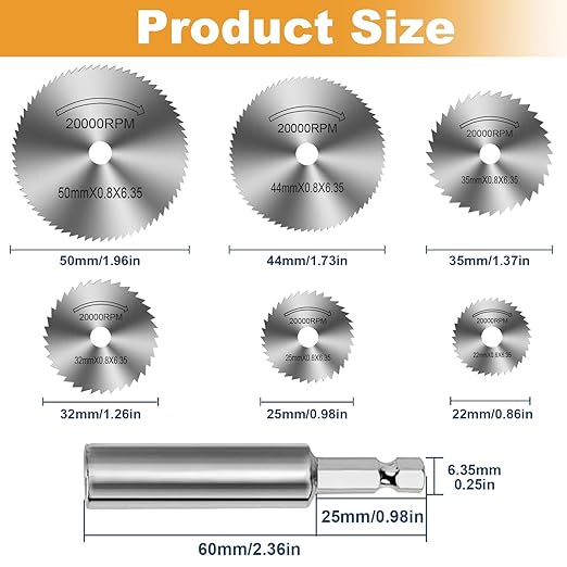 FOTYBEl Cutting Wheel for Drill, Rotary Tool Cutting Discs with 6pcs Steel Saw Blades, 1pc 1/4" Hex Short Shank, Power Rotary Tool Accessories for Cutting PVC Pipe Wood Plastic Soft Metal