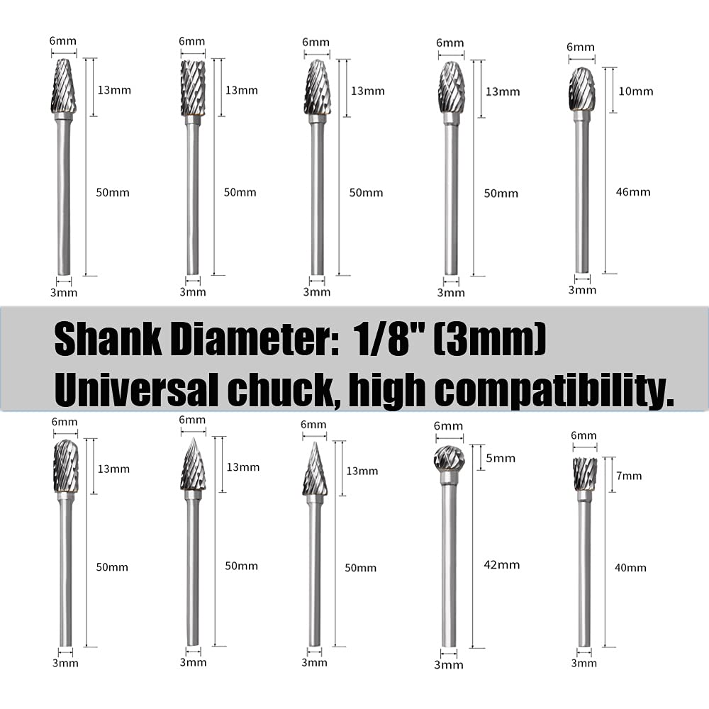 Tungsten Carbide Rotary Burr Set for Dremel, 10PCS Carbide Double Cut Carving Burr Bits with 1/8” Shank Rotary Tool Accessories for Woodworking, Engraving, Drilling, Steel Metal Working