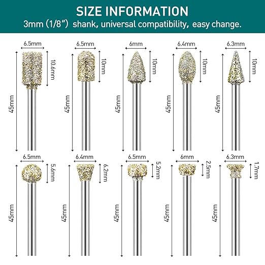 Diamond Grinding Burr Drill Bit Set for Dremel Rotary Tool 20Pcs Diamond Burr Bits with 1/8 Inch Shank Rotary Tool Accessories for Stone Glass Ceramics Carving, Grinding, Polishing, Engraving